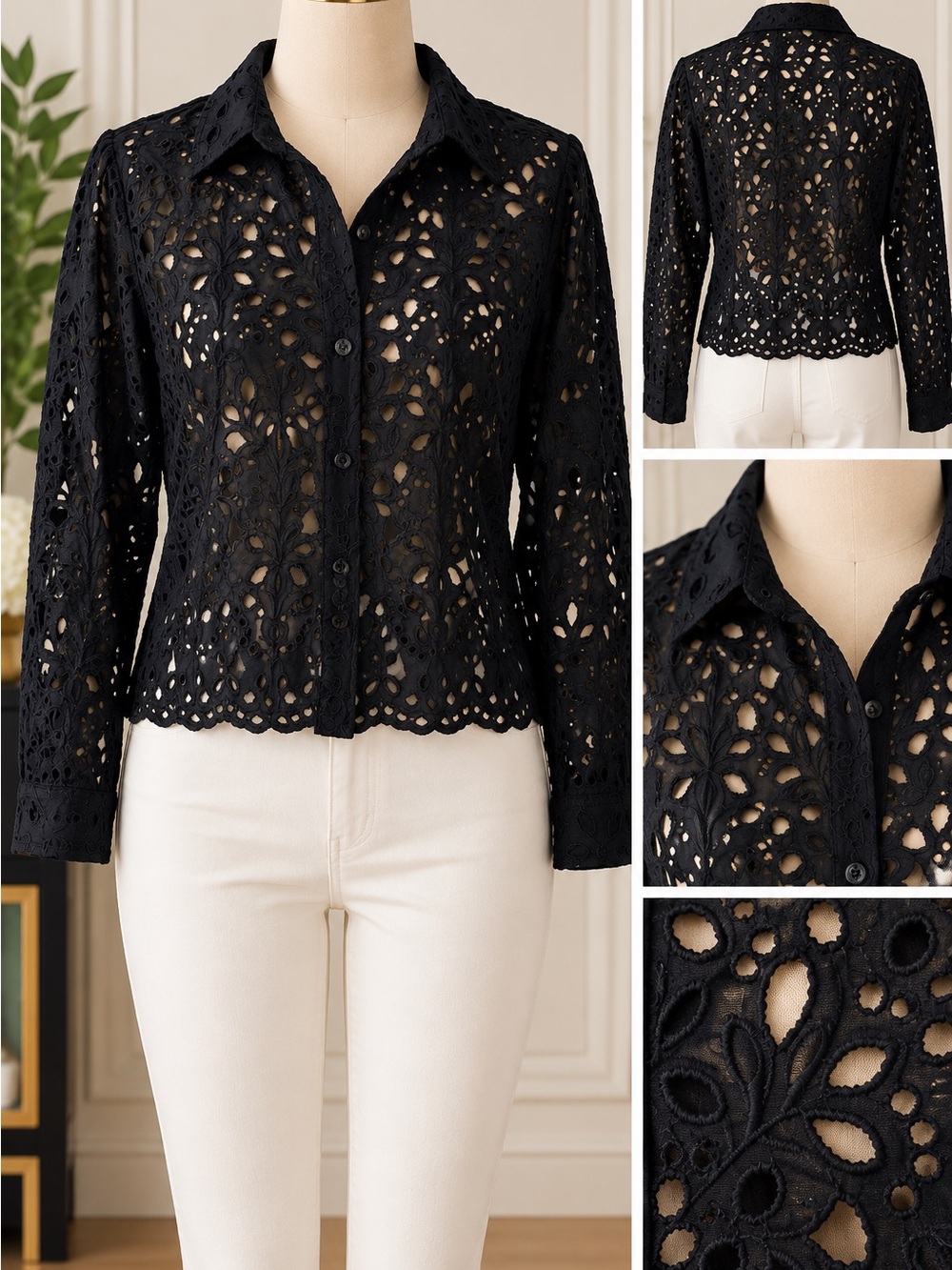 Primark Black Lace Cutwork Button-Down Shirt